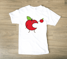 A white t-shirt with a print of a cartoon apple eating an apple.